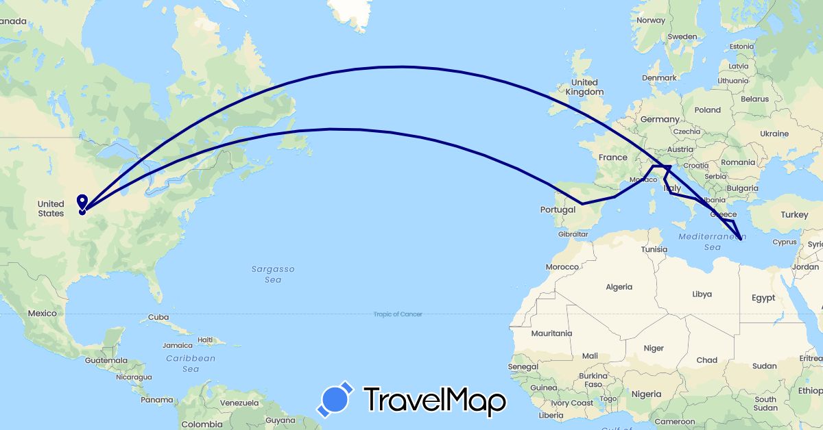 TravelMap itinerary: driving in Spain, France, Greece, Italy, Monaco, United States (Europe, North America)